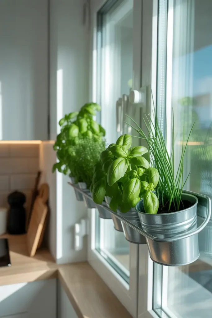 Bright apartment kitchen window with small magnetic herb pots attached to metal window frame, basil and chives growing in modern minimal containers, sunlight glowing through the glass, clean modern kitchen with white walls and light wood surfaces, airy Pinterest-style interior scene with soft natural lighting and simple cozy atmosphere.