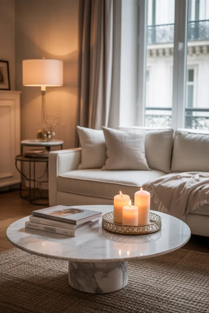 Small Paris apartment living room with round marble coffee table, soft beige sofa with linen pillows, delicate gold tray with candles, stack of fashion books, light oak floor, tall window with sheer curtains letting in warm daylight, cozy feminine Paris style, relaxed yet elegant mood, soft textures, Pinterest style interior photography.
