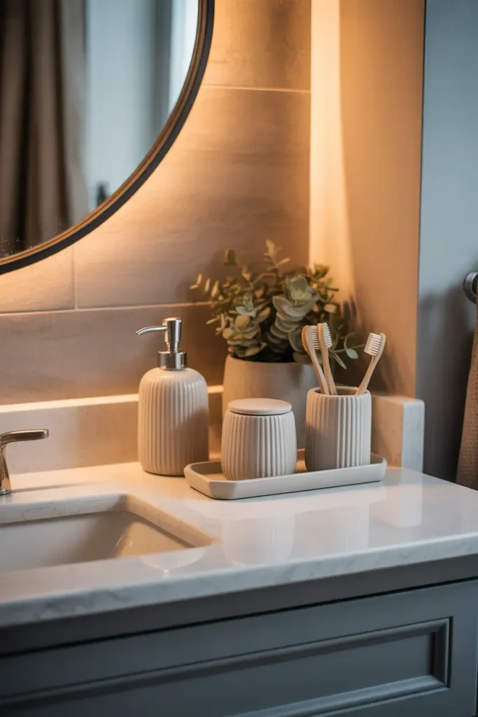Apartment bathroom vanity styled with matching ceramic soap dispenser, toothbrush holder, and tray, neutral tones, warm ambient lighting, clean countertop styling, realistic Pinterest interior photography, cozy modern atmosphere, soft textures, balanced composition with minimal clutter, and calming visual harmony.