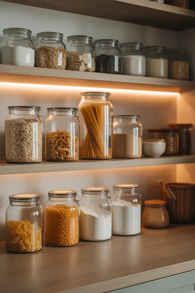 pantry shelf with matching glass jars filled with oats, pasta, lentils, flour, and sugar, soft under-shelf lighting highlighting textures of ingredients, warm wooden shelving, minimal neutral kitchen styling, cozy organized pantry scene with calm atmosphere and gentle natural daylight.