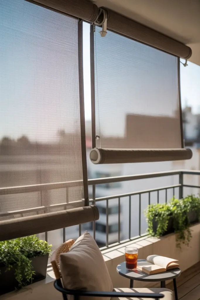 Stylish apartment balcony with roll down mesh screen shades attached to ceiling rod, soft daylight filtering through woven mesh texture, neutral outdoor chair with cushion, small side table holding iced coffee and book, potted greenery placed along railing, light urban apartment backdrop with calm relaxed Pinterest-style atmosphere.