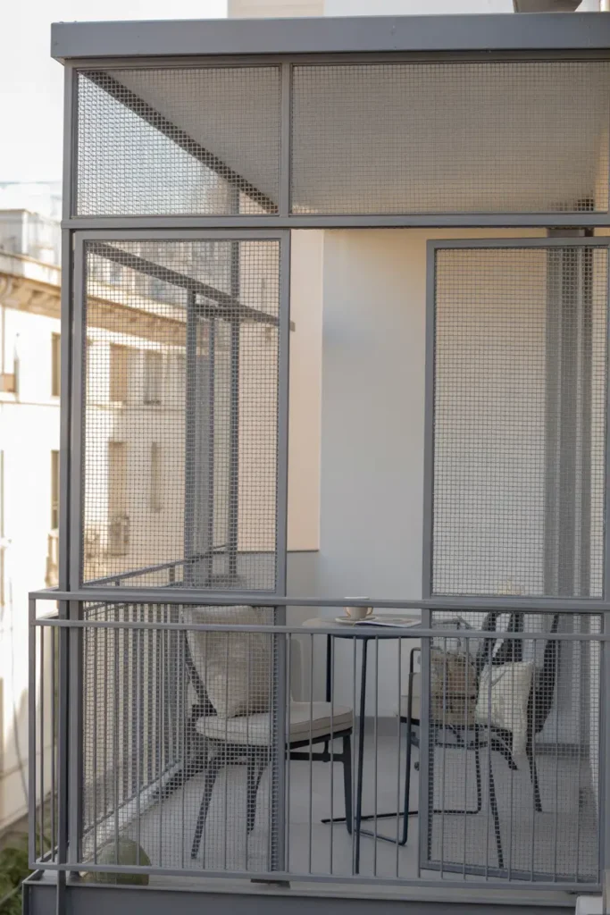 Modern apartment balcony with slim black metal frame mesh enclosure surrounding railing area, minimal chair with neutral cushion, small table with coffee cup and magazine, bright daylight highlighting mesh texture and metal lines, simple urban balcony styled for Pinterest interior inspiration.