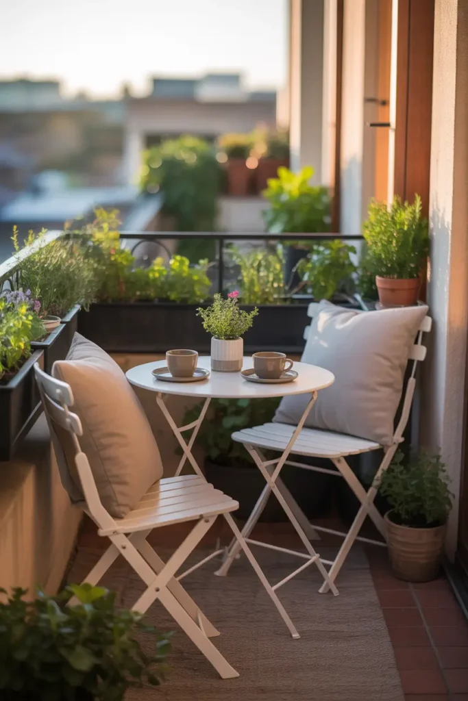 Tiny apartment balcony styled as cozy morning coffee nook with compact round table and two slim chairs, ceramic coffee cups on tabletop, soft linen cushions on chairs, potted herbs and small flowers along railing, warm morning sunlight filling space, charming relaxed Pinterest style balcony patio designed for quiet morning moments.