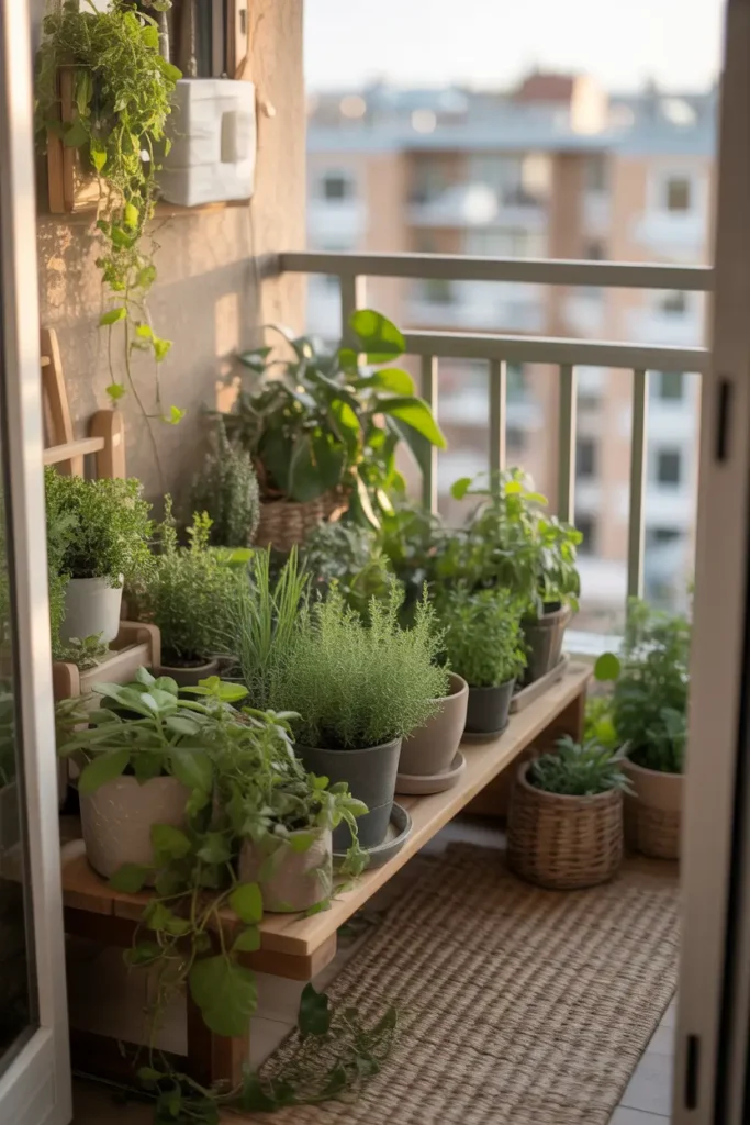 Tiny apartment balcony with narrow wooden plant shelf filled with herbs, leafy green plants, small ceramic pots, trailing vines, soft woven rug on floor, warm natural daylight, apartment city view beyond railing, cozy realistic Pinterest style balcony scene, layered greenery, natural textures, soft light and shadows, peaceful feminine apartment balcony atmosphere with fresh garden feeling