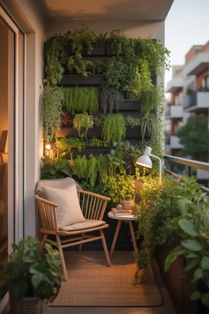 apartment balcony with mini vertical garden wall filled with herbs, trailing vines, and lush green plants, compact wooden chair with cream cushion, small side table, woven rug, warm early evening light, feminine cozy styling, natural materials, layered greenery creating privacy, soft apartment backdrop, realistic shadows, peaceful and inviting outdoor home scene with rich textures, calm atmosphere, and charming small-space garden detail