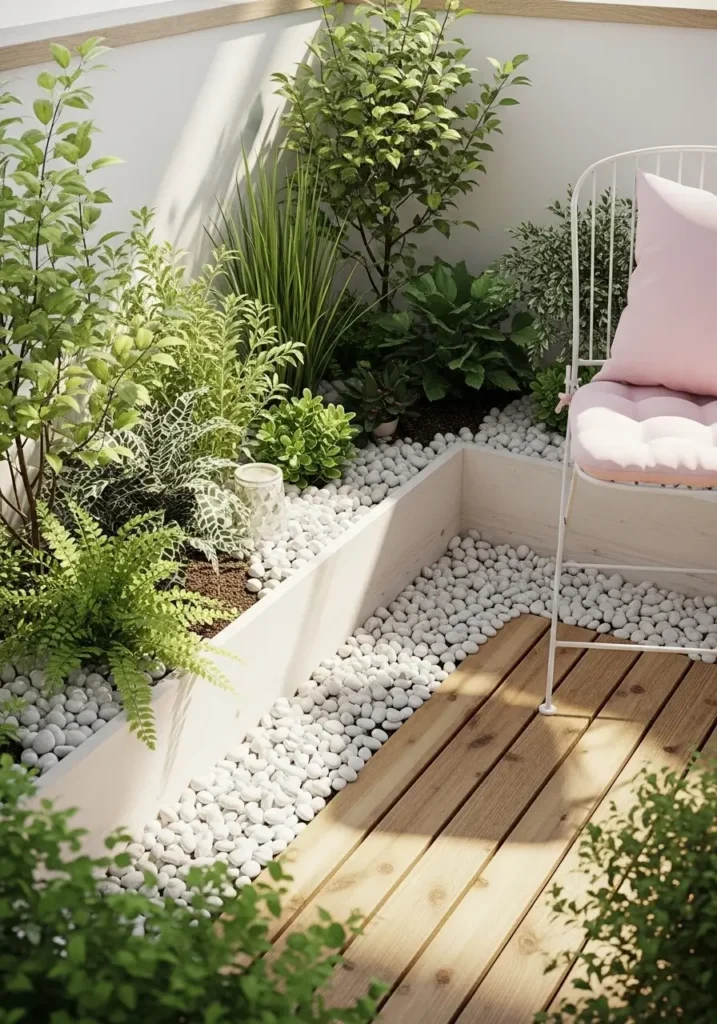 Small apartment patio corner styled with a mini garden bed made from low planters filled with green plants and white decorative pebbles, soft sunlight reflecting on stones, wooden patio flooring, delicate metal chair with pastel cushion nearby, peaceful feminine patio garden styling with clean textures and calm Pinterest inspired atmosphere.