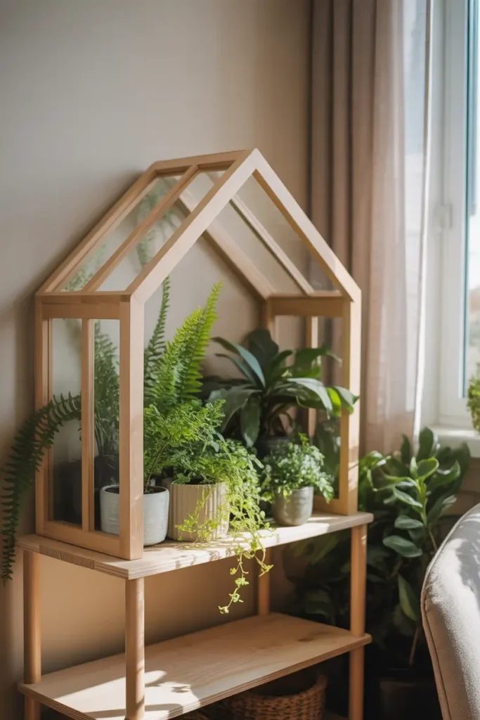 Bright apartment living room corner with a small indoor greenhouse style shelf made of light wood and glass panels, several delicate plants inside including ferns and small leafy vines, soft natural sunlight coming through nearby window, neutral walls, cozy chair beside the shelf, Pinterest style interior photography with warm tones, calm textures, and fresh green plants creating a peaceful home atmosphere.