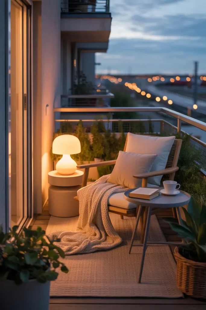 small apartment balcony with a mini warm glowing table lamp beside a lounge chair, cream seat cushion, knit throw blanket, small round side table with tea cup and book, textured outdoor rug, potted plants, close apartment balcony layout, soft city lights in background, feminine cozy decor, realistic warm shadows, layered textures, intimate nighttime mood, calm stylish home atmosphere, inviting small-space balcony setup