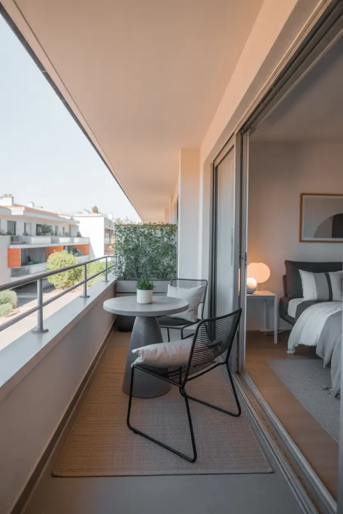 Modern minimalist apartment balcony with sleek black metal chair, small round concrete table, neutral outdoor rug, clean white railing, simple potted greenery, bright natural daylight, contemporary two bedroom apartment interior visible through sliding glass doors, Pinterest inspired minimal balcony styling with calm uncluttered look.