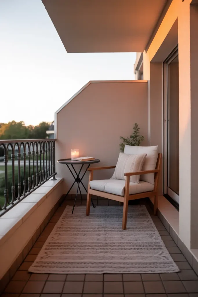 Tiny apartment balcony styled with simple minimal decor, single wooden chair with soft cushion, small round table with candle and book, light outdoor rug on wooden floor tiles, soft evening sunlight touching balcony railing, clean calm Pinterest style balcony patio space with peaceful atmosphere.