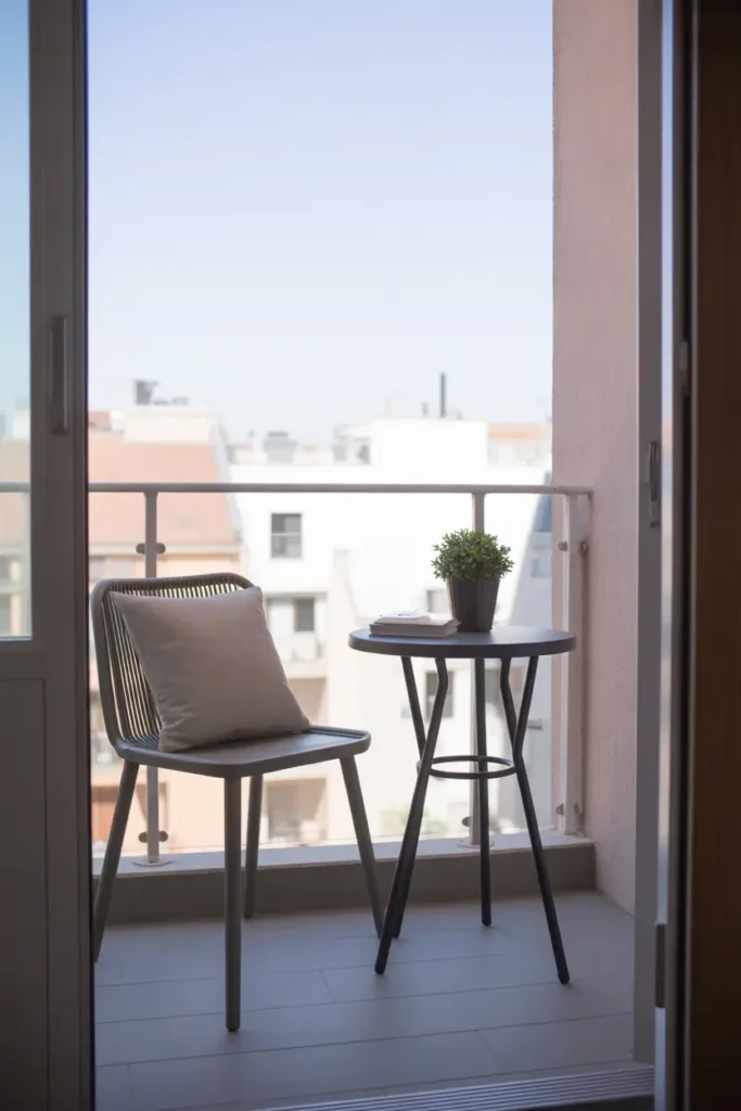 Small apartment balcony with minimal clean styling, one sleek chair, tiny round table, single potted plant, soft neutral cushion, bright natural daylight, uncluttered floor space, modern apartment view, realistic Pinterest style balcony scene, calm feminine simplicity, soft light and shadows, smooth textures, and airy peaceful outdoor setup with clean elegant details and cozy quiet mood