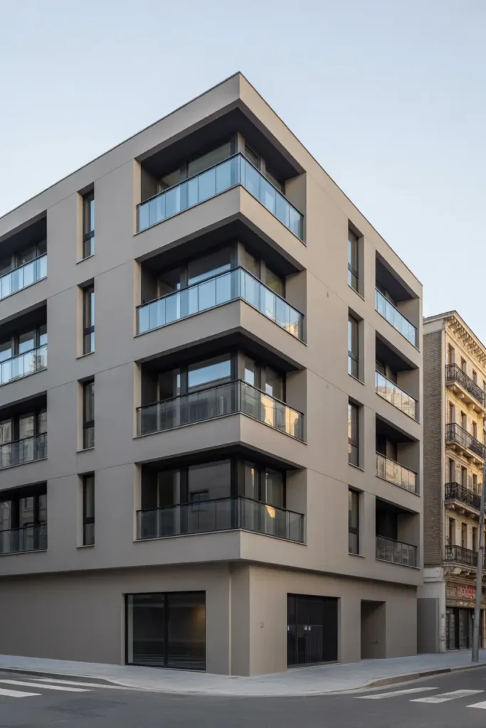 Contemporary apartment building with smooth exposed concrete walls, modern square balconies, large black framed windows, neutral grey color palette, evening street lighting reflecting softly on surfaces, clean architecture with minimalist style, realistic Pinterest style exterior photography showing urban calm and modern structure.