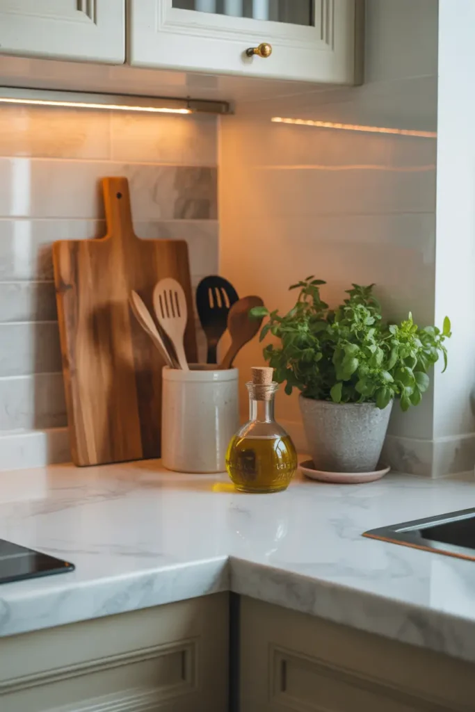 Realistic Pinterest-style apartment kitchen countertop styling with only a few items including a wooden cutting board, ceramic utensil holder, small olive oil bottle, and potted herb plant, soft warm lighting reflecting off marble countertop, neutral kitchen cabinets, bright window light creating a calm minimal kitchen atmosphere with cozy apartment styling.