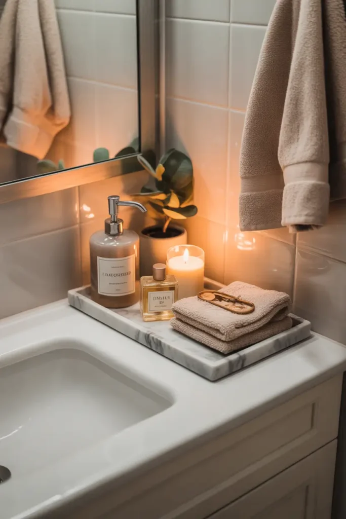 apartment bathroom vanity with a small marble or ceramic tray placed beside a white sink. Tray holds a soap dispenser, small candle, perfume bottle, and folded hand towel. Warm lighting reflects gently on glossy tile walls while soft beige towels and a small plant add calm spa feeling. Neutral colors, clean styling, cozy apartment atmosphere.