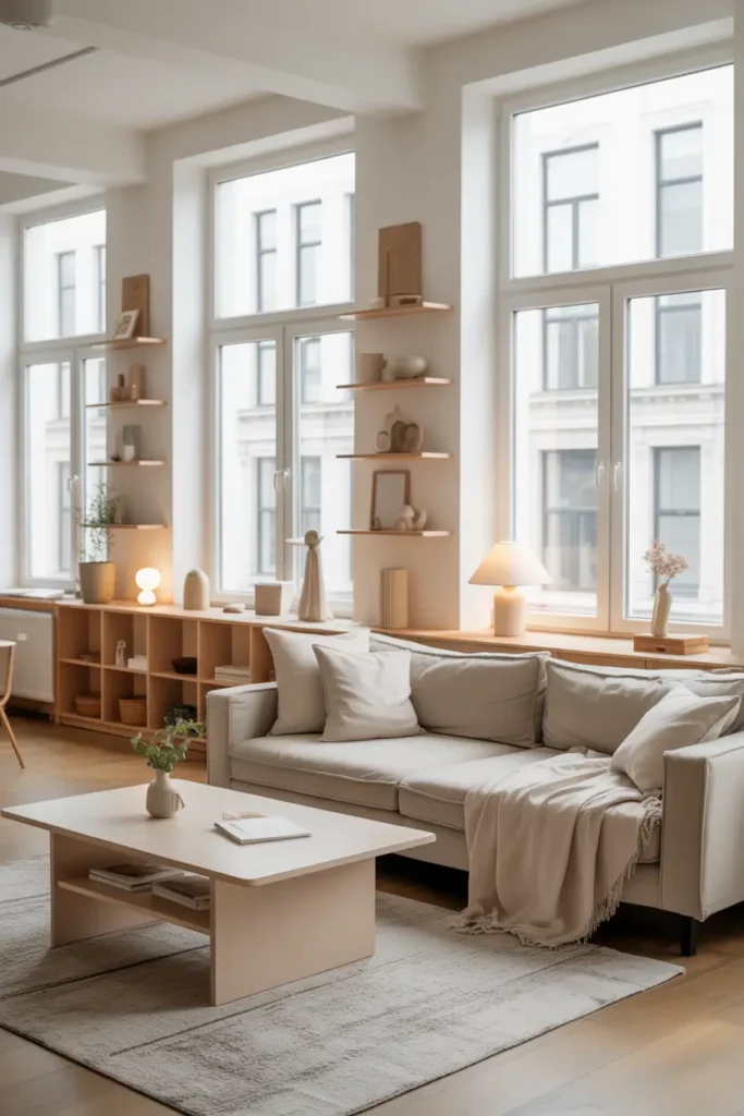 Bright minimal loft apartment with neutral palette, small decorative objects, clean shelves, pale wood furniture, cozy sofa with light fabric throws, large windows flooding room with daylight, Pinterest interior photography with calm airy atmosphere.
