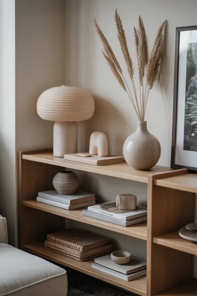 apartment living room shelf styled minimally with meaningful decor objects, ceramic vase, stacked books, framed photo, neutral color palette, soft daylight illumination, cozy modern styling, realistic interior photography highlighting simplicity and emotional warmth.