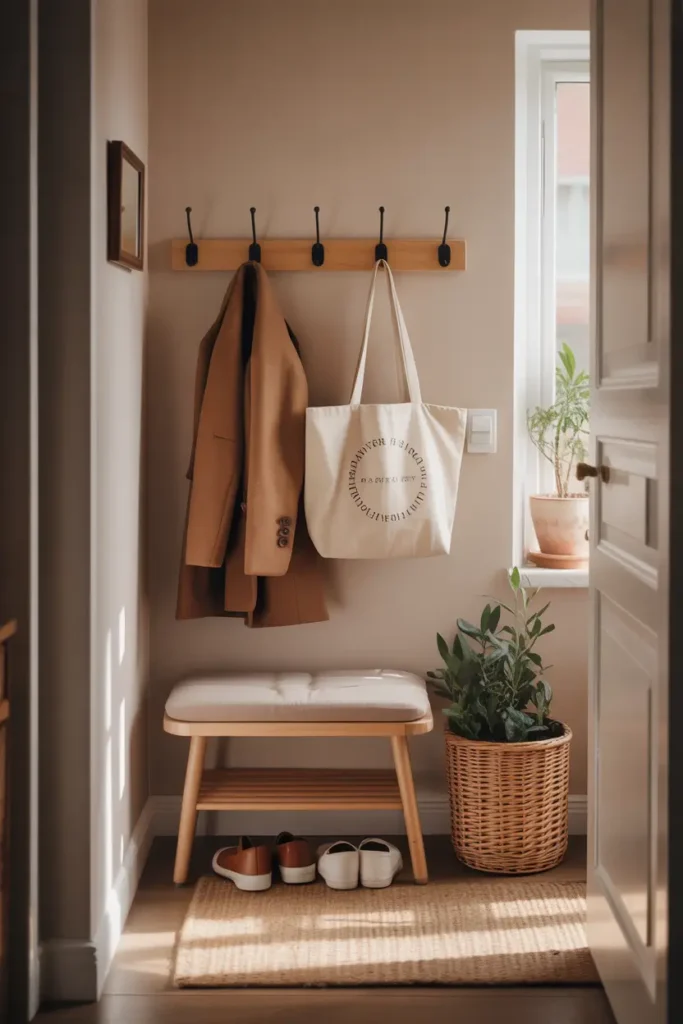Tiny apartment entryway with wooden wall hooks holding coat and tote bag, small bench with cushion, woven basket for shoes, warm neutral wall colors, natural sunlight entering doorway, cozy minimal apartment decor scene
