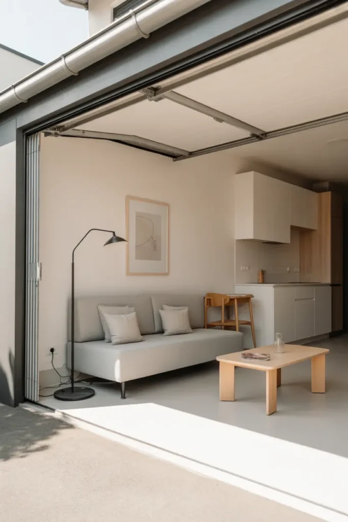 Minimal modern apartment over garage with clean lines, white walls, light gray sofa, simple black floor lamp, pale wooden coffee table, sleek kitchenette, large window sunlight, tidy layout, Pinterest interior photography style, modern calm atmosphere, neutral textures, minimal decor pieces, bright airy feeling with subtle cozy touches