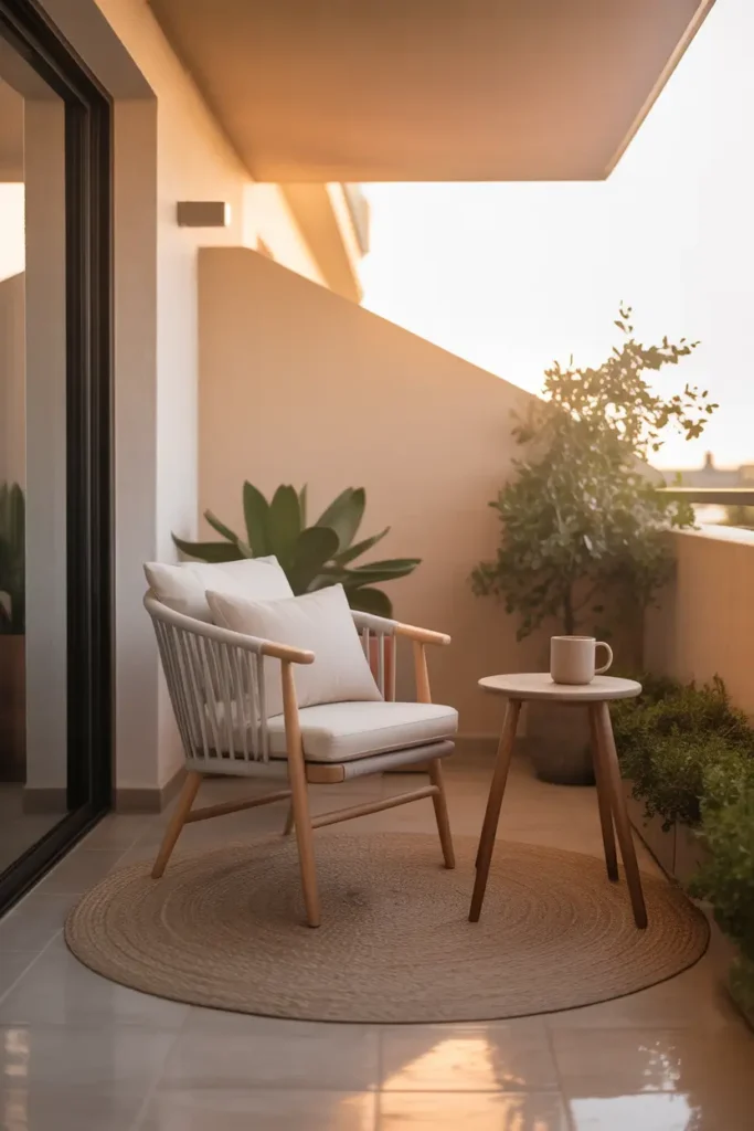 Pinterest style neutral apartment patio with light wood chair, cream seat cushions, woven outdoor rug, small round wooden table with ceramic mug, soft beige tones throughout space, warm golden sunlight reflecting across balcony floor, simple elegant styling with minimal decor and gentle greenery.