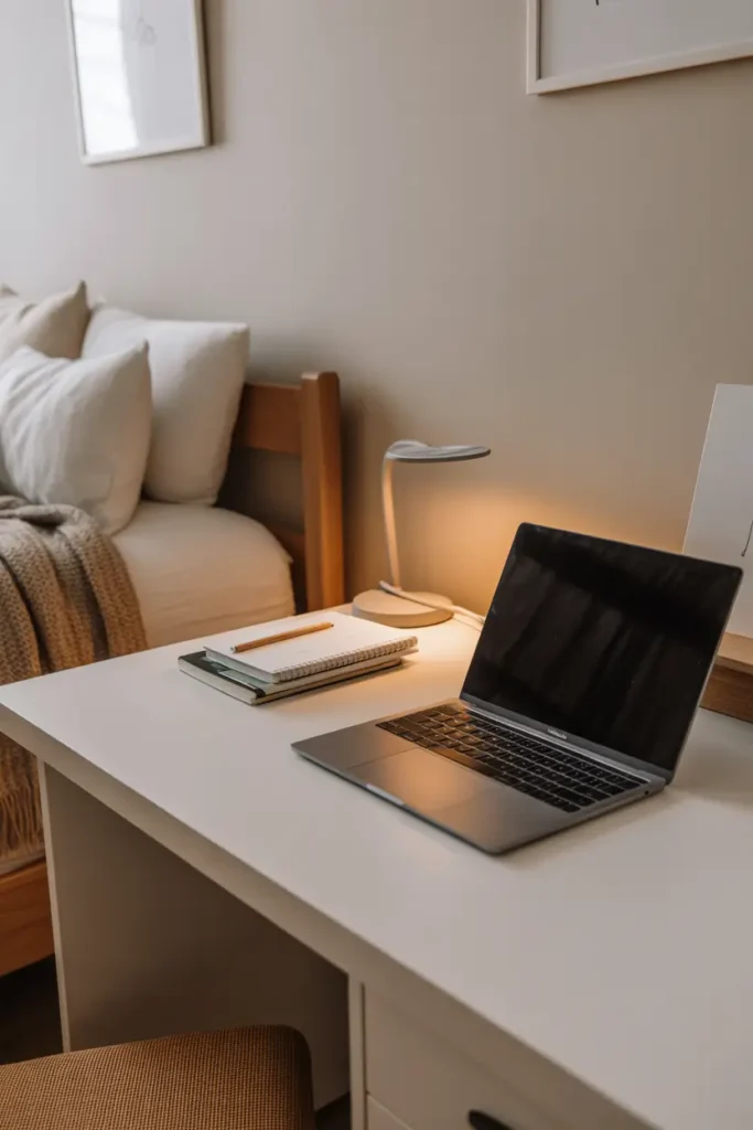 Minimal dorm desk with clean layout, laptop centered on desk, small desk lamp beside notebook stack, neutral wall behind desk with simple framed print, cozy bedding and knit throw nearby, warm natural lighting creating calm Pinterest style dorm study space with peaceful organized look.