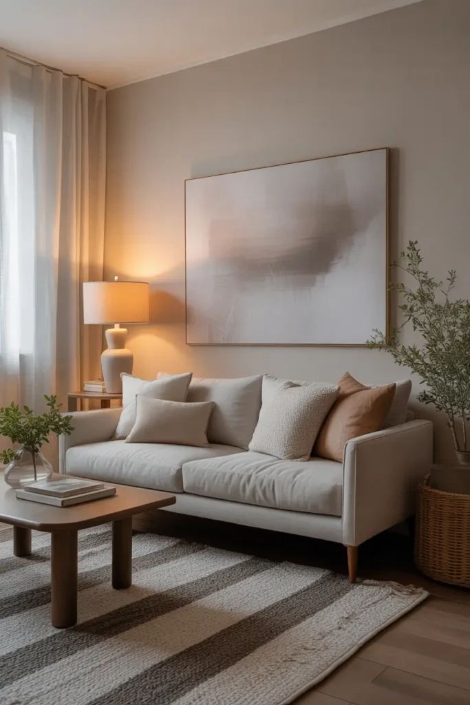 small apartment living room featuring minimal wall art above neutral sofa, soft abstract artwork, warm lighting, textured cushions, cozy rug, balanced composition, airy neutral palette, realistic interior photography capturing calm modern atmosphere and intentional minimalist styling in compact living space.