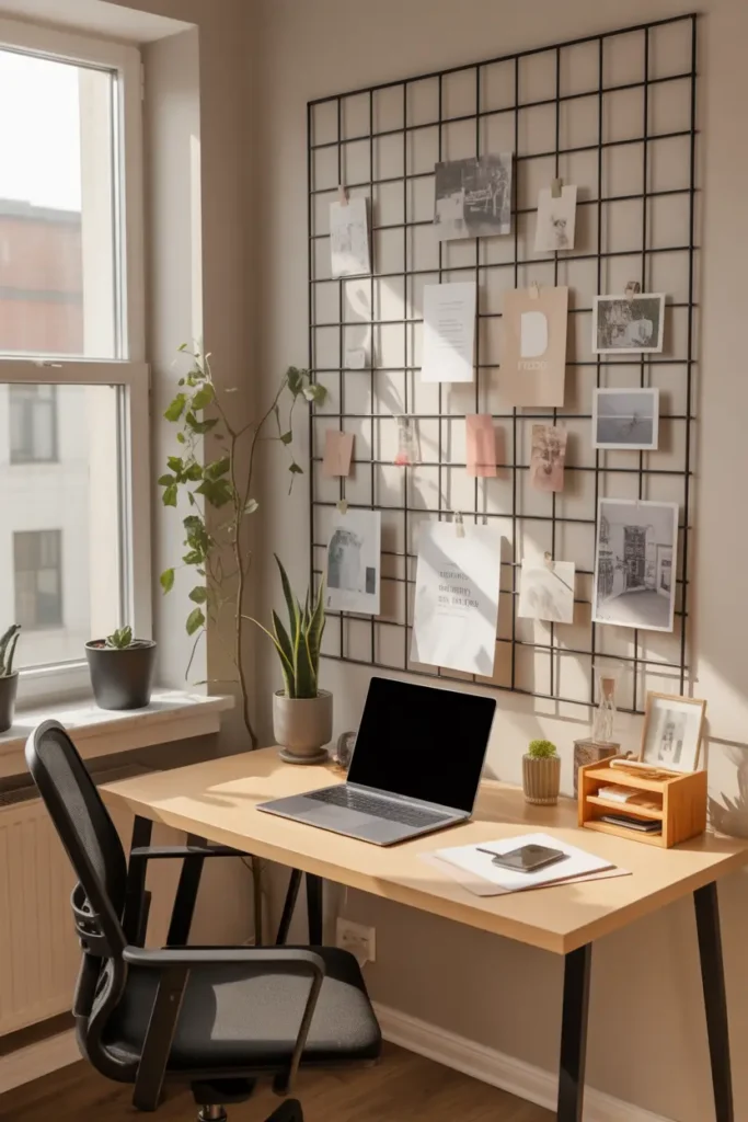 Pinterest style home office corner with minimalist wall grid panel mounted above desk, clipped notes, small photos, and art prints attached neatly, wooden desk with laptop and plant, natural daylight through window, clean organized apartment workspace with cozy creative energy.