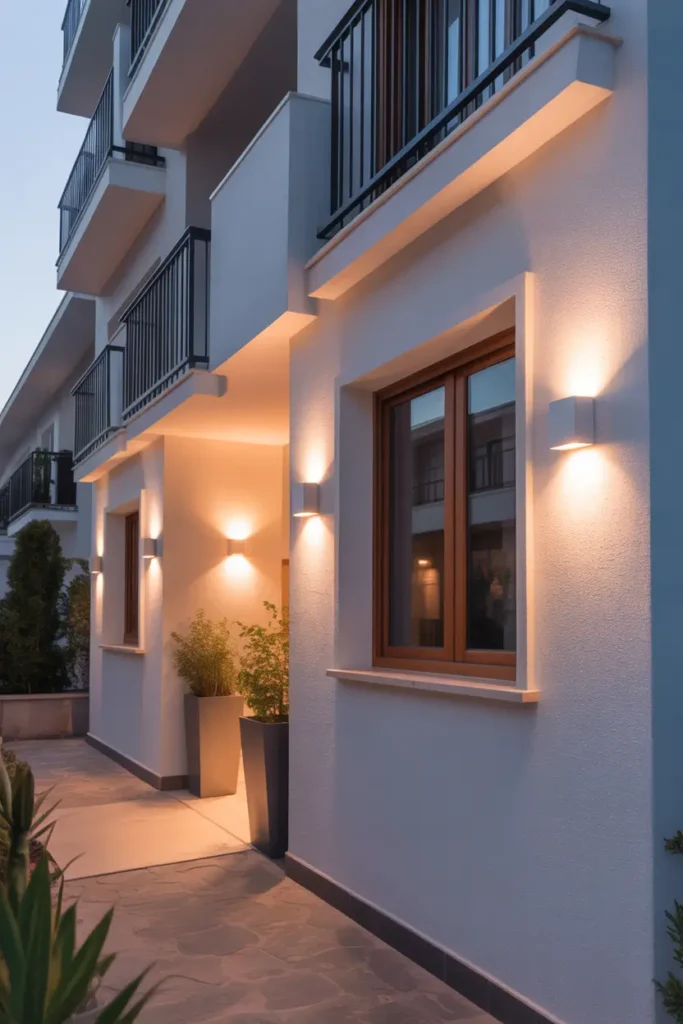 Modern apartment exterior with smooth white facade, warm wood window frames, simple black balcony railings, soft outdoor wall lights glowing at sunset, neutral stone pathway, tall planters with green plants near entrance, cozy warm lighting reflecting on walls, realistic Pinterest style architectural photography, clean modern lines, calm soft evening light.