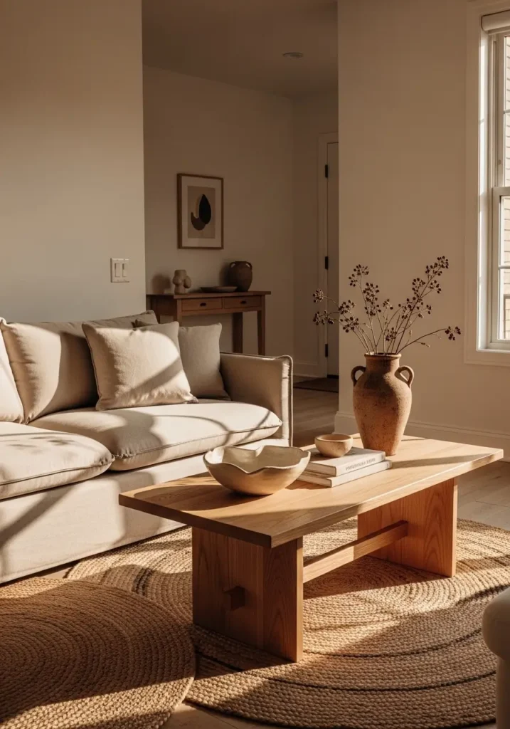 Minimal earthy apartment living room with wooden coffee table styled with ceramic bowl, small stack of books, clay vase with dried stems, beige linen sofa nearby, woven jute rug underneath, warm sunlight highlighting natural textures, cozy Pinterest style apartment interior with soft earthy color palette.