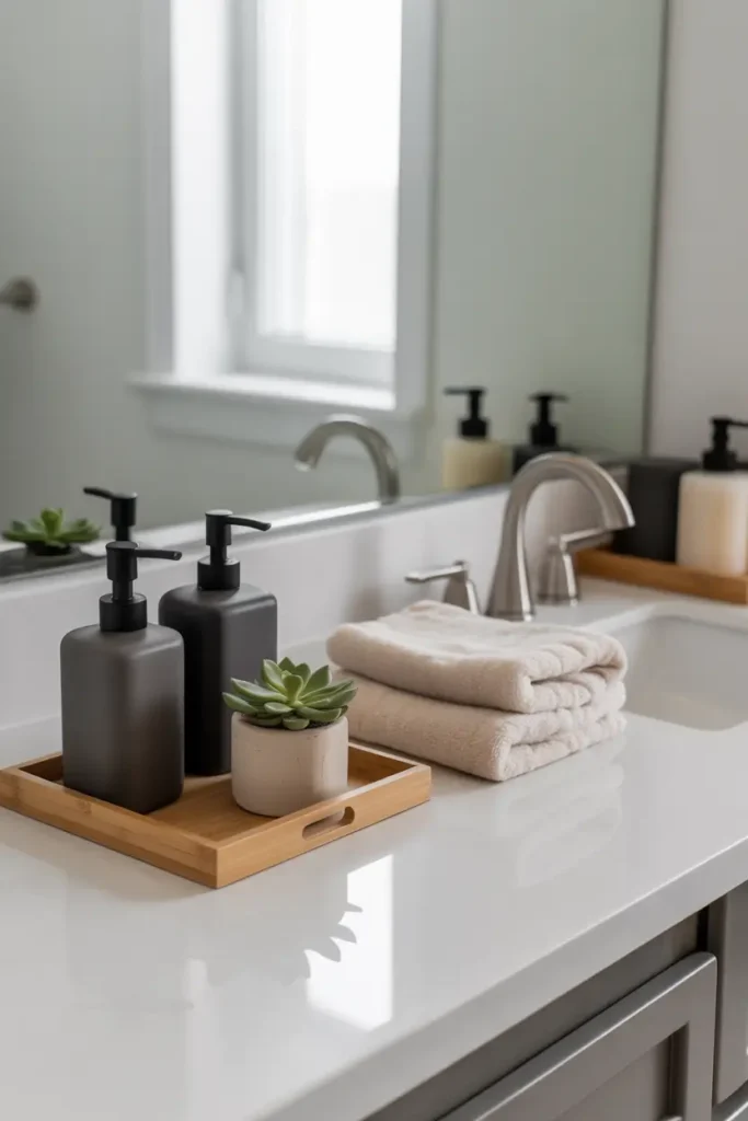 Modern apartment bathroom countertop styled minimally with neutral soap dispenser, small ceramic tray, folded cotton hand towel, marble or quartz surface, soft natural daylight entering through window, clean modern sink area, realistic Pinterest interior photography, airy composition, warm soft shadows, cozy minimalist atmosphere with balanced textures and gentle styling details.