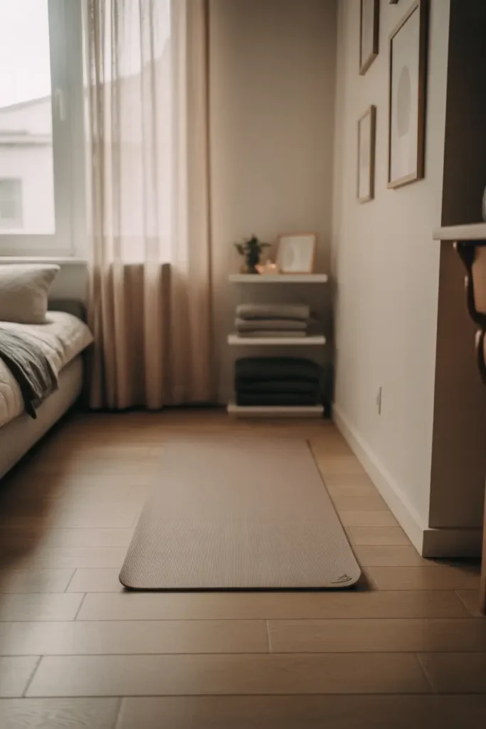small minimalist apartment gym setup with neutral yoga mat centered on light oak flooring, soft natural morning light entering through sheer curtains, white walls with simple framed artwork, tiny shelf holding folded towels and small plant, calm uncluttered environment, cozy modern apartment interior designed for yoga and stretching, Pinterest style photography with warm textures, peaceful mood, soft shadows and airy living space atmosphere.
