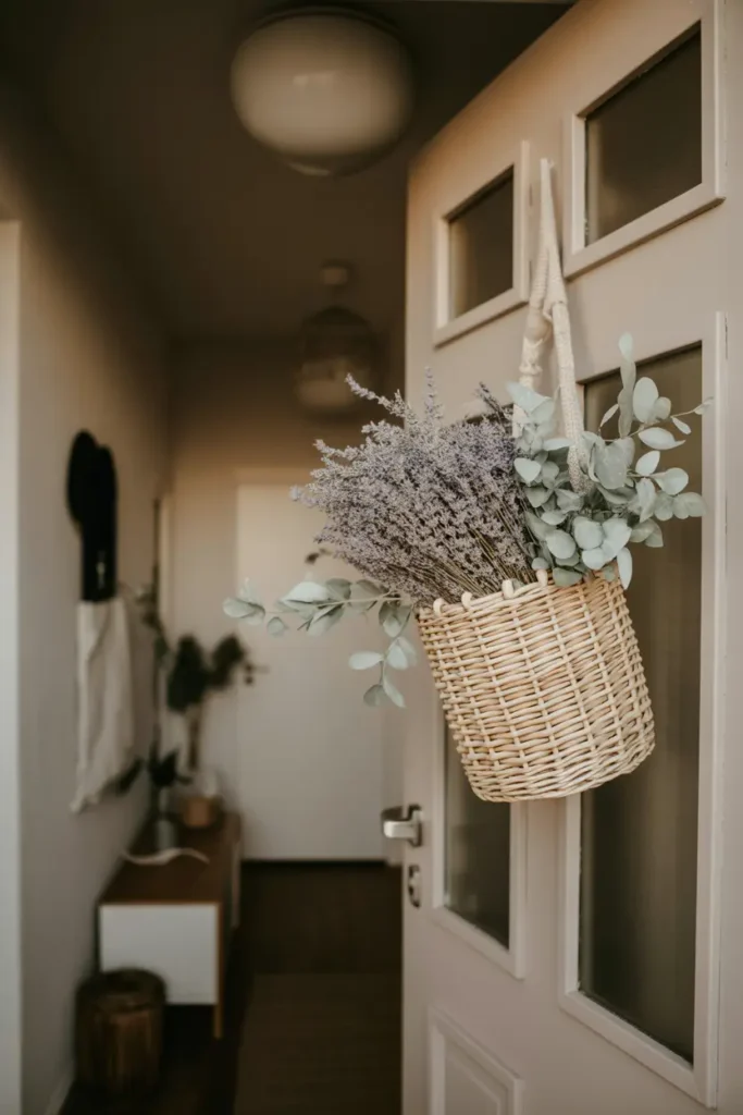 apartment hallway scene showing a neutral apartment door decorated with a woven hanging basket filled with dried lavender and soft greenery. Natural textures highlighted by warm soft lighting, cozy feminine aesthetic, minimal decor surroundings, modern rental hallway styling, calm neutral palette, realistic shadows and welcoming home atmosphere.