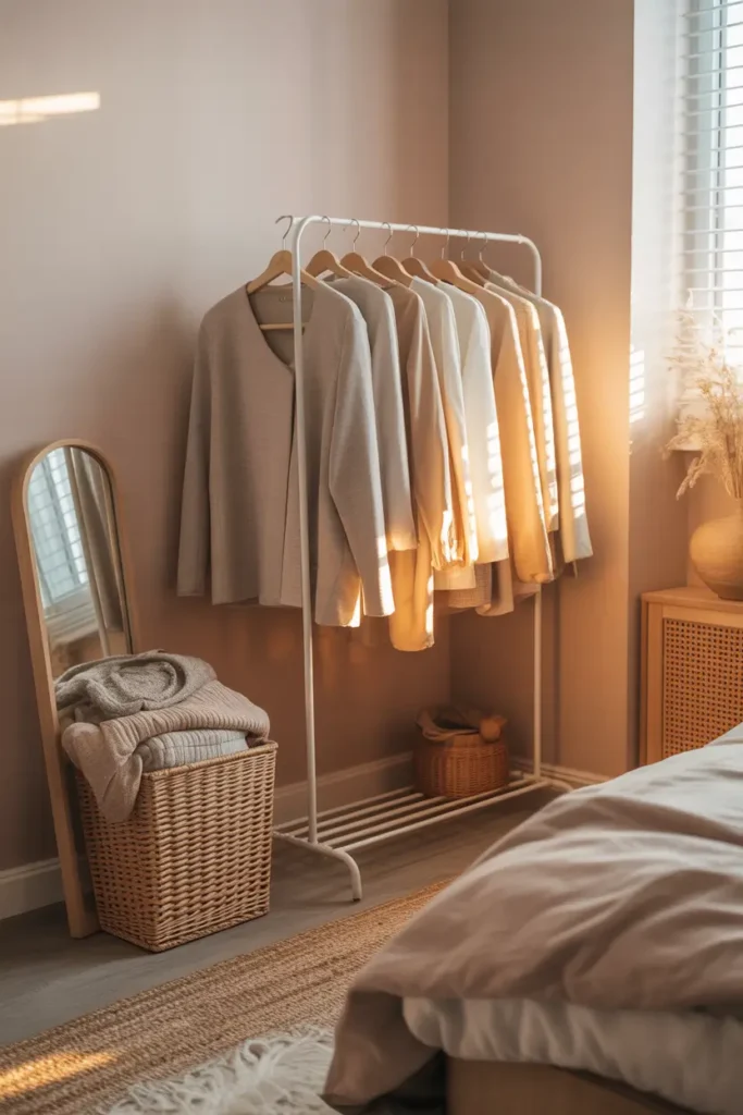 Stylish studio apartment bedroom corner with minimalist open clothing rack holding neutral outfits, soft beige wall background, woven basket with folded sweaters, small mirror beside rack, warm natural sunlight through window, textured rug and cozy bedding nearby, Pinterest aesthetic small apartment fashion storage idea with relaxed feminine styling.