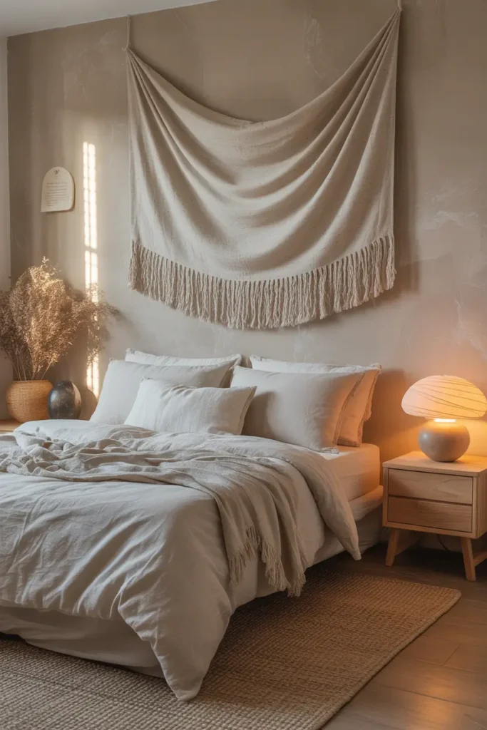 Pinterest style bedroom interior with neutral linen bedding, minimalist fabric wall tapestry hanging above bed, soft beige textured wall, natural wood nightstands, ceramic lamp with warm glow, woven rug, cozy layered textiles, gentle morning sunlight entering through window creating calm, peaceful apartment atmosphere.