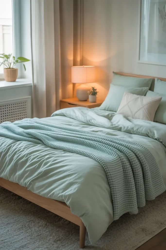apartment bedroom with mint green bedding layered with soft white sheets, cozy knit throw folded across bed, light wood bed frame, delicate bedside lamp, small plant on nightstand, warm sunlight coming through sheer curtains, soft textured rug, feminine calm bedroom atmosphere with airy peaceful feeling.