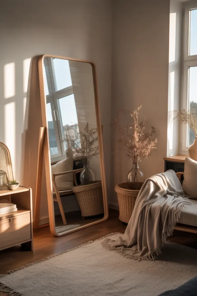 Small apartment corner with tall standing mirror leaning against wall, warm sunlight reflecting across room, soft rug on wooden floor, cozy chair with throw blanket nearby, neutral decor palette, gentle natural lighting creating airy feeling, Pinterest style small apartment interior photography