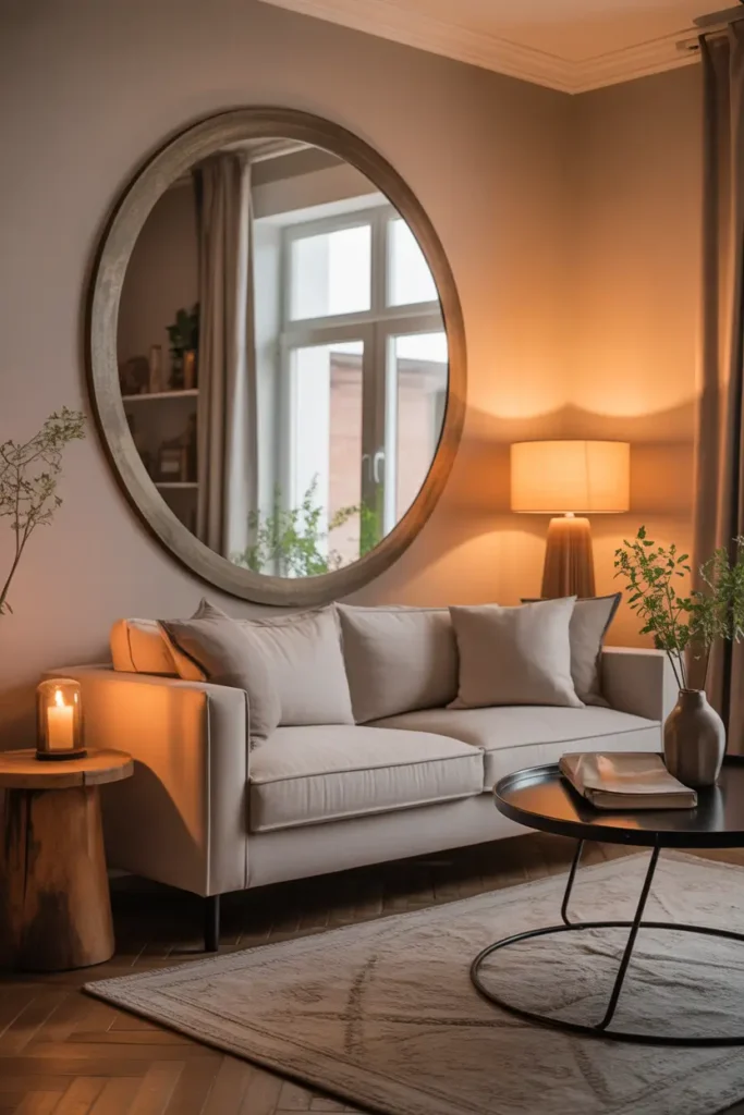 Pinterest-style apartment living room with large round mirror on wall, soft sofa below mirror, wooden side table with candle, warm lamp lighting, neutral rug, natural daylight reflecting through mirror making room feel larger and brighter.