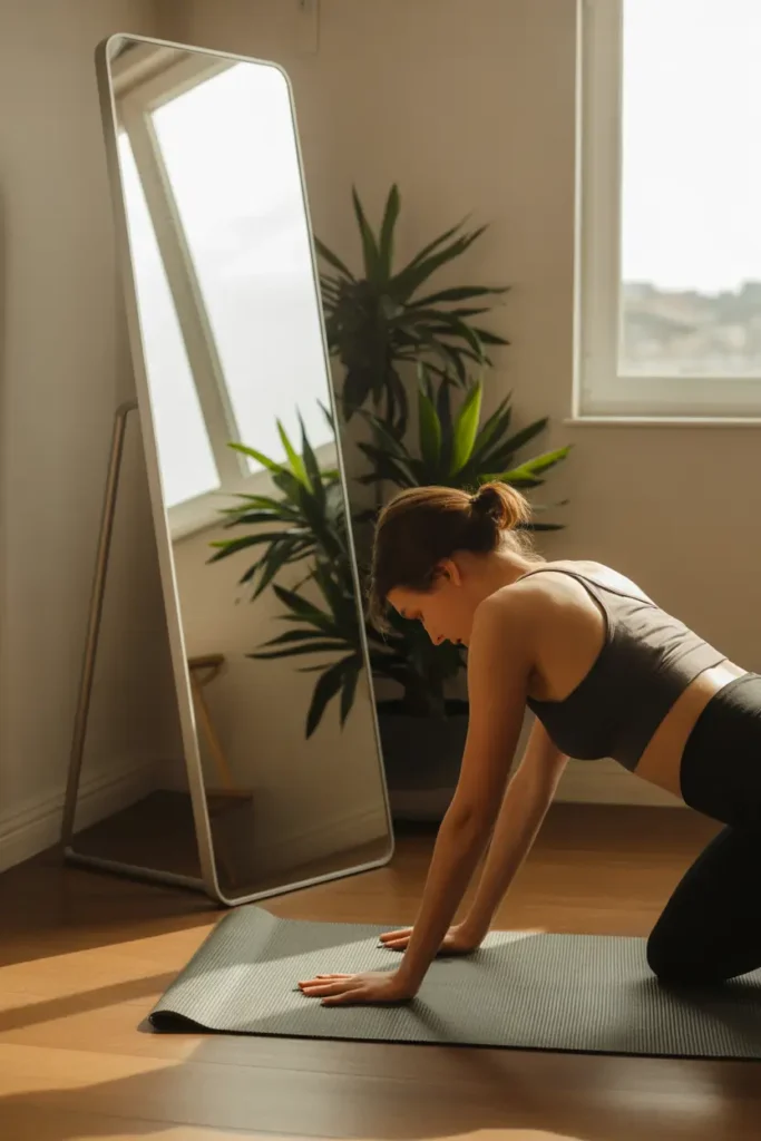 modern apartment workout corner with tall mirror leaning against wall, green indoor plant beside mirror, neutral yoga mat on warm wooden flooring, bright natural daylight illuminating space, calm minimalist decor, cozy apartment wellness area designed for stretching and strength workouts, Pinterest style home gym photography with soft shadows and peaceful lifestyle aesthetic.