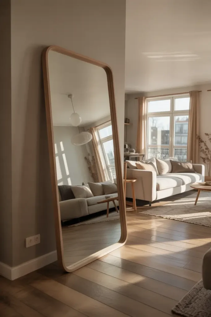 Modern apartment interior with large leaning mirror reflecting natural daylight, neutral decor palette, wooden flooring, minimal furniture arrangement, Pinterest style realistic interior photography, cozy masculine aesthetic, bright airy atmosphere, soft shadows, balanced composition highlighting spacious apartment feeling with warm inviting tones.