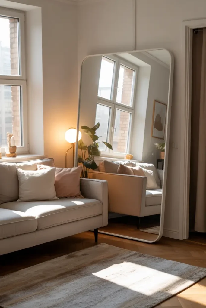 Cozy Pinterest-inspired small apartment living room with large floor mirror reflecting natural window light, neutral sofa, soft beige rug, warm sunlight glow, minimal decor styling, indoor plant nearby, airy composition with soft textures and balanced tones, realistic interior photography capturing spacious illusion and calm welcoming atmosphere in compact modern apartment setting.
