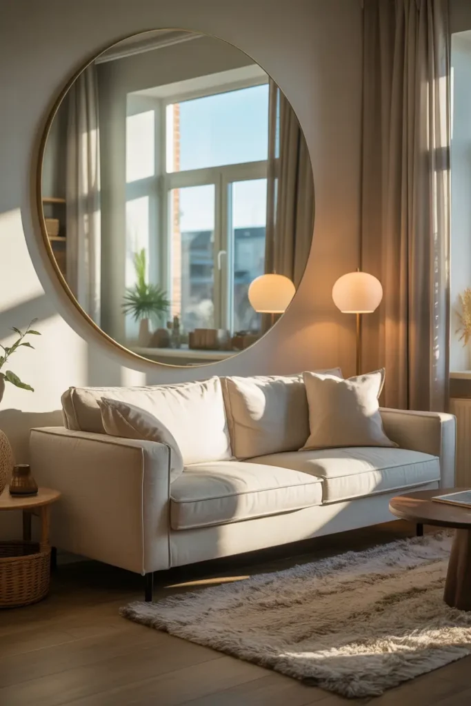 Small apartment living room featuring large wall mirror reflecting natural window light, neutral sofa, soft rug, minimal decor styling, warm sunlight creating gentle reflections, cozy modern apartment aesthetic, realistic Pinterest interior photography with balanced composition and airy atmosphere.