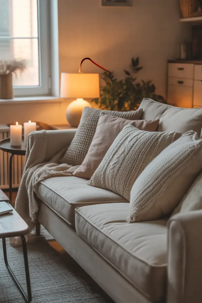 Small apartment sofa filled with mismatched cozy pillows in soft neutral tones, cotton and knitted textures, thrifted fabric cushions, warm sunlight through window, relaxed poor apartment aesthetic living room, slightly worn couch, simple wooden side table with candle, soft rug underfoot, Pinterest style cozy home photography with natural lighting.