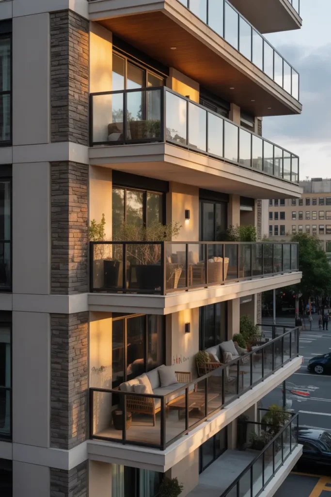 Urban apartment facade combining stone panels, smooth concrete surfaces, wooden balcony details, and glass railings, warm afternoon light highlighting layered textures, stylish modern architecture photographed in high detail Pinterest style with cozy balcony seating and urban street life in the background.
