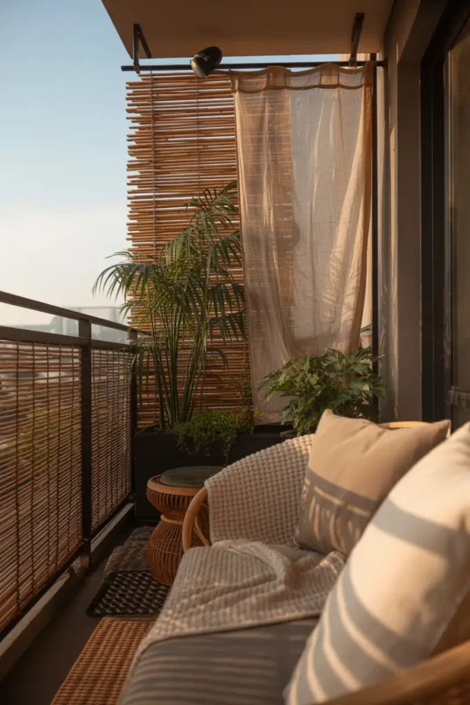 apartment balcony corner featuring layered privacy setup with bamboo screen, sheer curtain panel, lush plants, cozy seating with neutral cushions, woven rug textures, warm golden hour lighting, soft shadows, lifestyle photography composition, inviting feminine balcony retreat aesthetic, detailed textures, calm cozy atmosphere with harmonious layered styling.