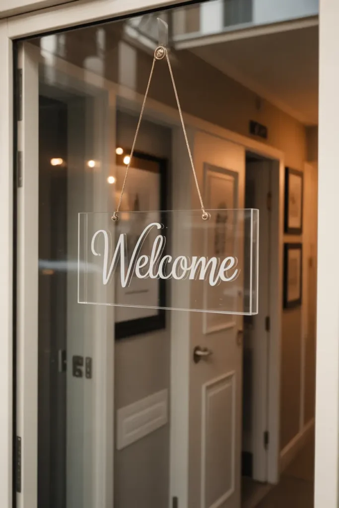 apartment entry door featuring a transparent acrylic welcome plaque with elegant script lettering. Soft warm lighting reflecting subtly on glossy surface, minimalist hallway setting, neutral tones, feminine modern styling, cozy residential atmosphere, realistic textures and clean balanced composition.
