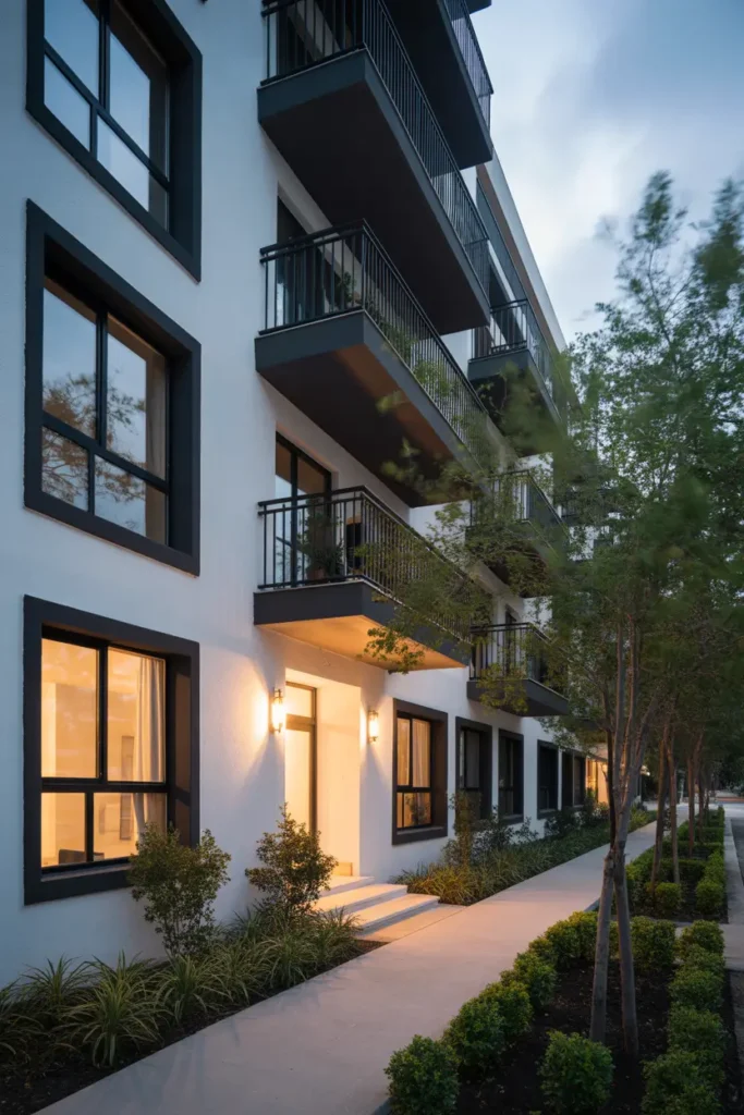 Modern apartment building exterior with white walls and bold black window frames, black balcony railings, warm entry lighting, landscaped path with small trees and shrubs, soft evening sky above building, dramatic modern contrast, realistic Pinterest style architectural photography with warm glowing lights and crisp lines.