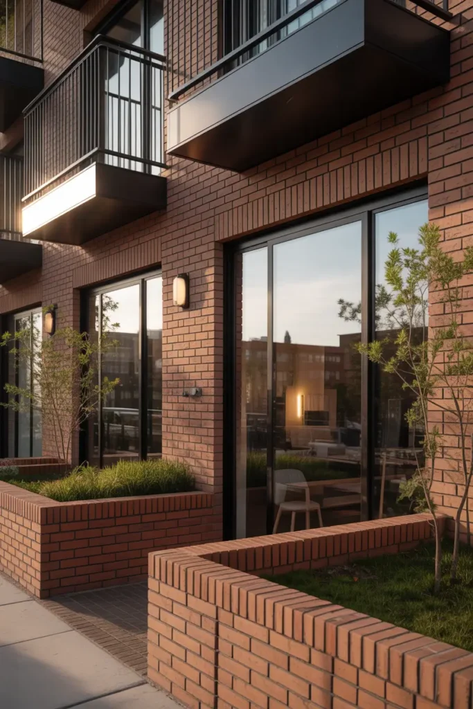Modern apartment exterior with warm red brick walls, large black framed windows, sleek metal balcony railings, warm outdoor lighting fixtures mounted on brick, urban landscaping with small trees and plants, soft golden hour sunlight touching brick texture, cozy yet modern architectural style, realistic Pinterest inspired photography.