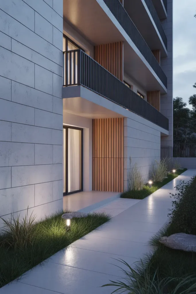 Modern apartment exterior with smooth light gray concrete walls, warm wood balcony panels, slim black railings, soft pathway lighting, minimalist landscaping with grasses and stones, calm modern architecture, evening light reflecting on concrete texture, realistic Pinterest style architectural photography with cozy lighting.