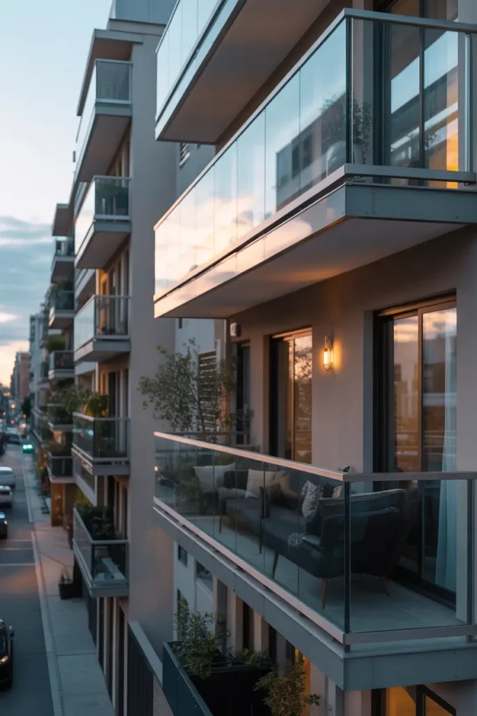 Realistic urban apartment building with sleek glass balcony railings, modern neutral exterior walls, soft evening sunlight reflecting on glass panels, stylish city street below, small plants on balconies, warm lighting glowing from windows, contemporary architecture with clean lines, high-resolution Pinterest style photography, cozy yet modern city atmosphere.