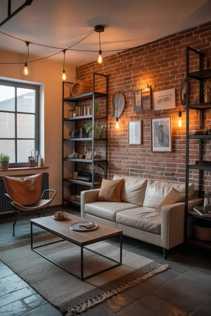 Industrial style apartment over garage interior with exposed brick wall, dark metal shelving, wooden coffee table, leather accent chair, warm Edison bulb lighting, neutral sofa, textured rug, Pinterest style interior photography, cozy industrial atmosphere, balanced mix of wood and metal textures in compact apartment