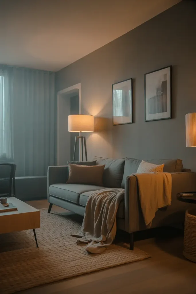 style modern bachelor apartment living room with moody neutral palette, soft gray walls, charcoal sofa, beige textured rug, warm ambient lighting from floor lamp, minimal wall art, cozy layered fabrics, wooden coffee table, natural evening light entering through sheer curtains, cinematic atmosphere, clean masculine styling, high detail interior photography, warm cozy mood, realistic shadows and textures, modern urban apartment aesthetic.